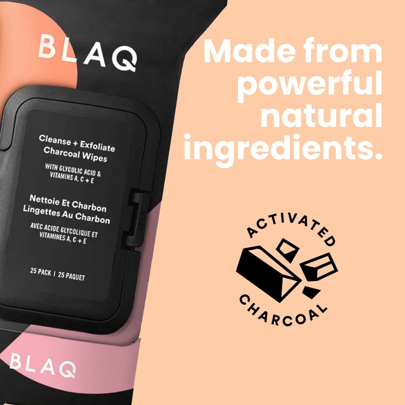 Blaq مناديل الوجه بالفحم النشط من BLAQ - مناديل تنظيف الوجه بالفحم ذات الجانبين - مزيل مكياج، مقشر معزز بـ AHA، تنظيف المسام للبشرة المعرضة لحب الشباب - مناديل غسل الوجه بحجم السفر - 25 قطعة - Image 3